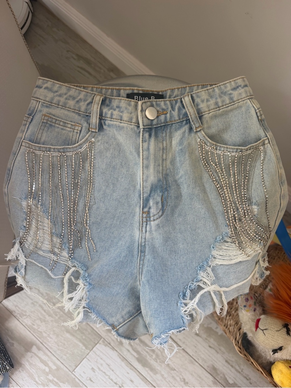 Light Wash Denim Shorts with Rhinestone Fringe